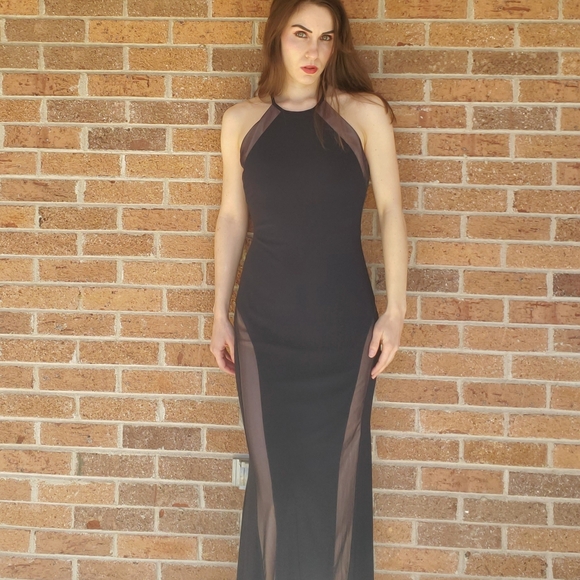 Morgan & Co. Dresses & Skirts - Navy Blue Y2k Gown with Sheer Side Panels